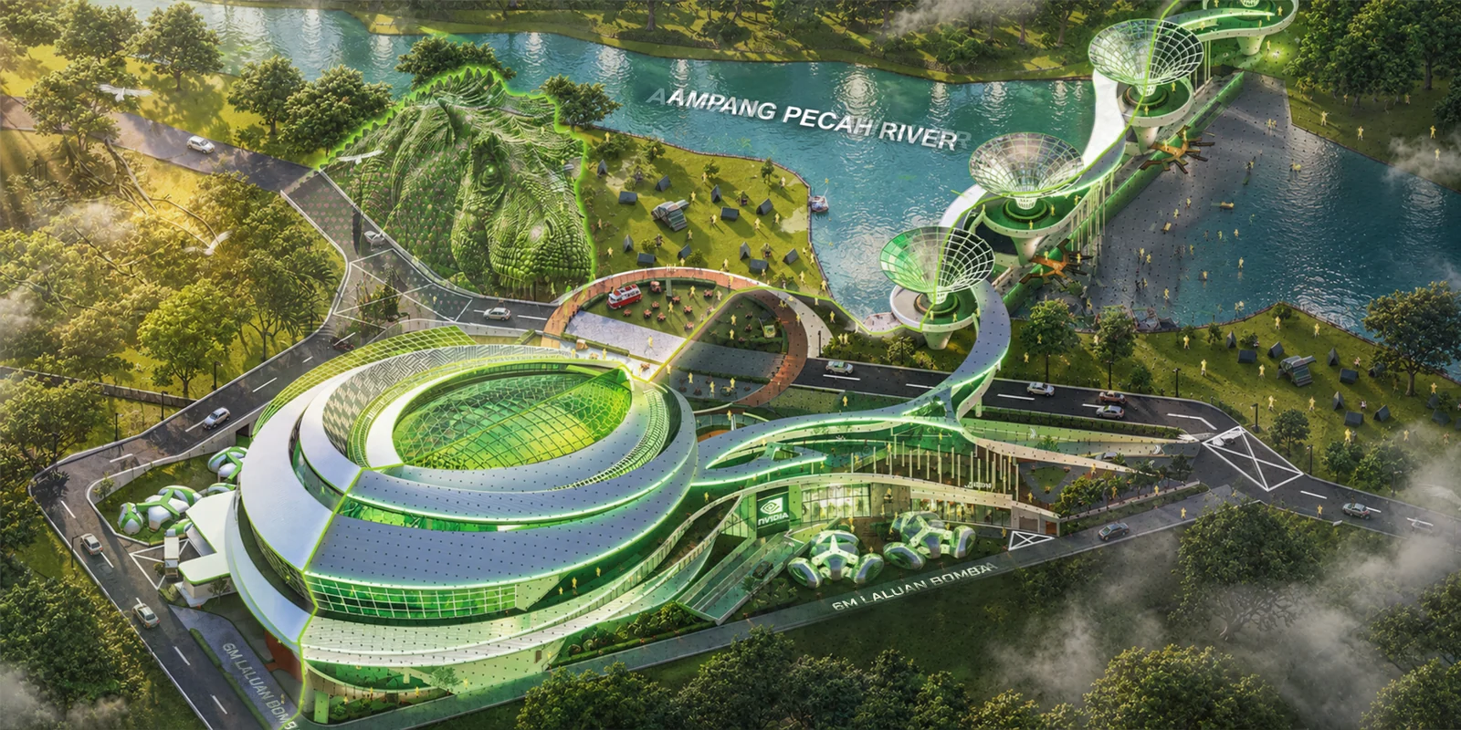Aerial render of C.E.I.T: a circular glazed dome building with a green sculptural landmark, vortex funnel towers and a walkway over the Ampang Pecah river