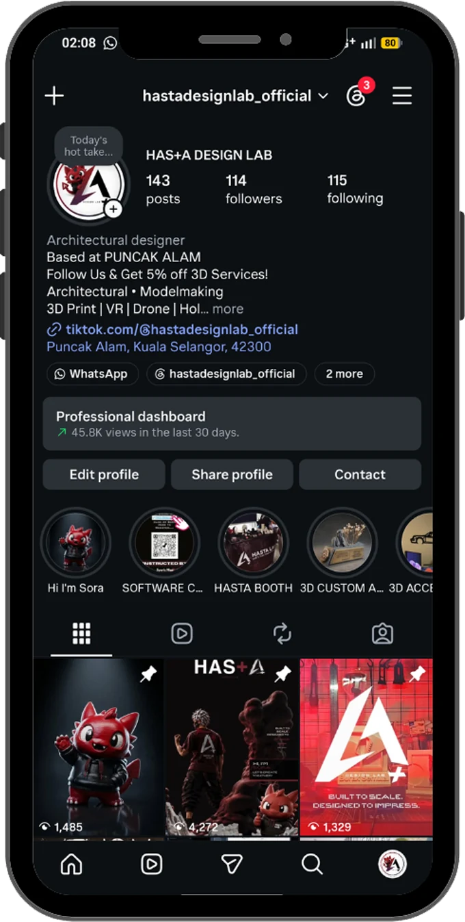 HAS+A Design Lab Instagram profile displayed on a phone