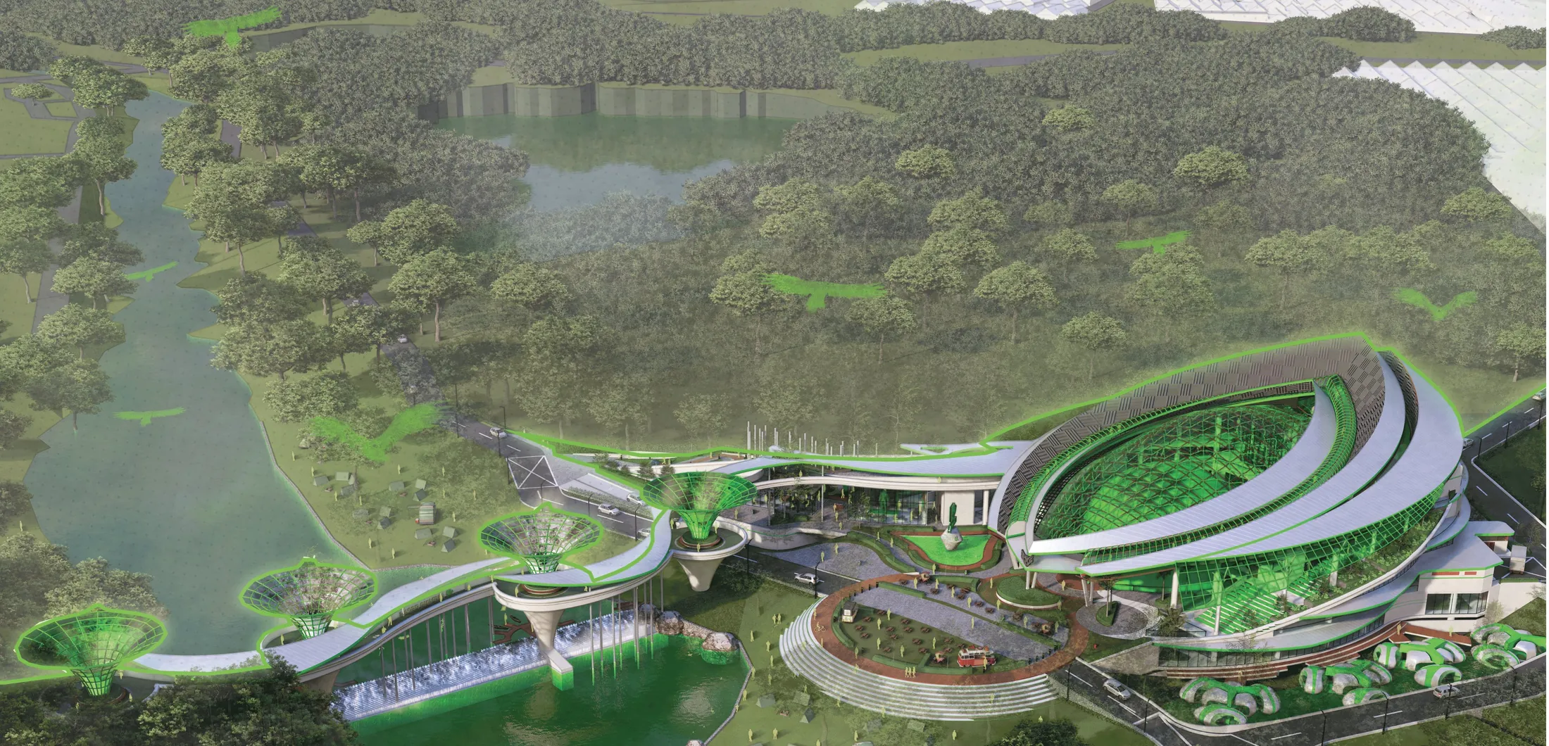 Aerial render of the C.E.I.T building: a leaf-form ribbon roof around a glass dome, with a vortex walkway across the lake
