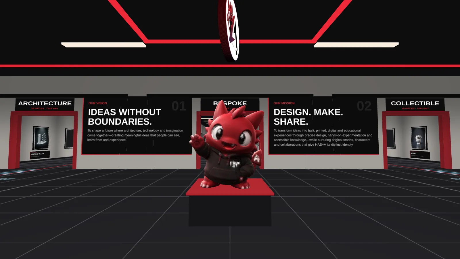 Preview of the HAS+A virtual gallery lobby with Sora on a plinth, the Vision and Mission walls and doorways to the exhibition rooms