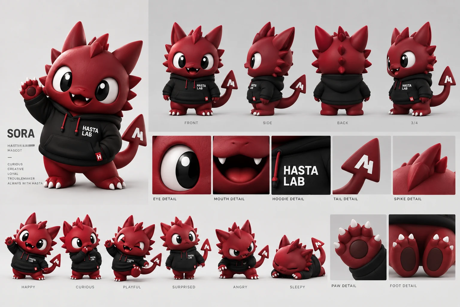 Sora character concept board showing turnarounds, expressions and design details
